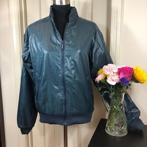 Vintage dark blue satin-like bomber jacket hood